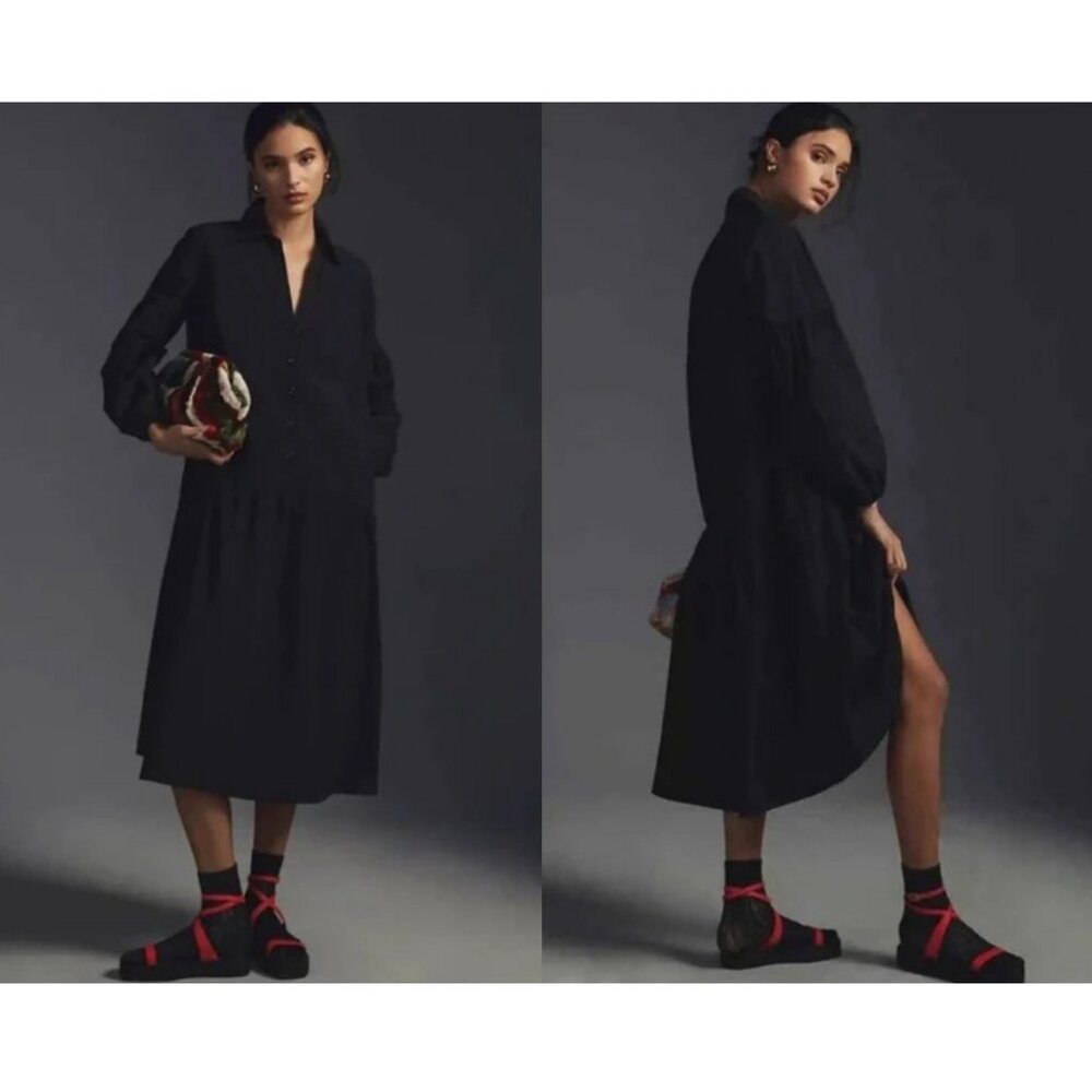 Maeve By Anthropologie Button-Front Black Taffeta Dress Shirt Puff Sleeve